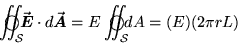 \begin{displaymath}\oSurfIntS \Vec{E} \cdot d\Vec{A} = E \oSurfIntS dA = (E)(2 \pi r L)
\end{displaymath}