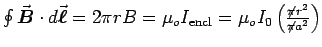 $\oint \vec{\mbox{\boldmath$B$\unboldmath}}\cdot d\vec{\mbox{\boldmath$\ell$\unb . . . 
 . . . = \mu_o I_{\rm encl} =
\mu_o I_0 \left(\not{\pi}r^2 \over \not{\pi}a^2\right)$