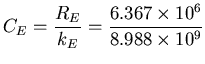 ${\displaystyle C_E = {R_E \over k_E}
= {6.367 \times 10^6 \over 8.988 \times 10^9} }$